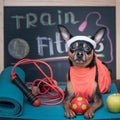 Pet Fitness , sport  and lifestyle concept.  Funny dog Ã¢â¬â¹Ã¢â¬â¹in sportswear in training, portrait  in studio surrounded by sports Royalty Free Stock Photo